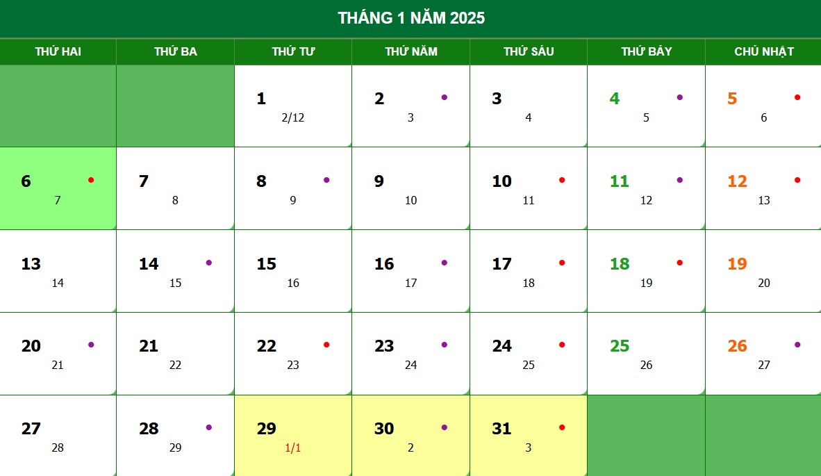 Lịch âm, lịch dương tháng 1 năm 2025