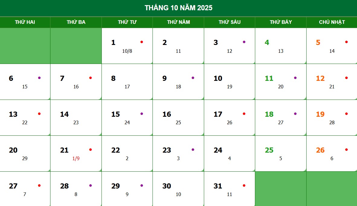 Lịch âm, lịch dương tháng 10 năm 2025