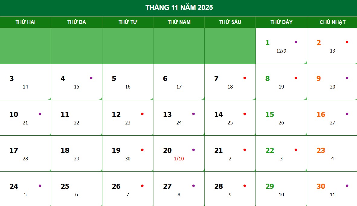 Lịch âm, lịch dương tháng 11 năm 2025