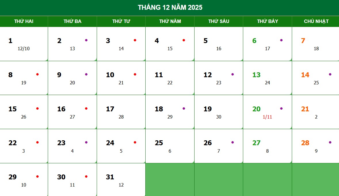 Lịch âm, lịch dương tháng 12 năm 2025