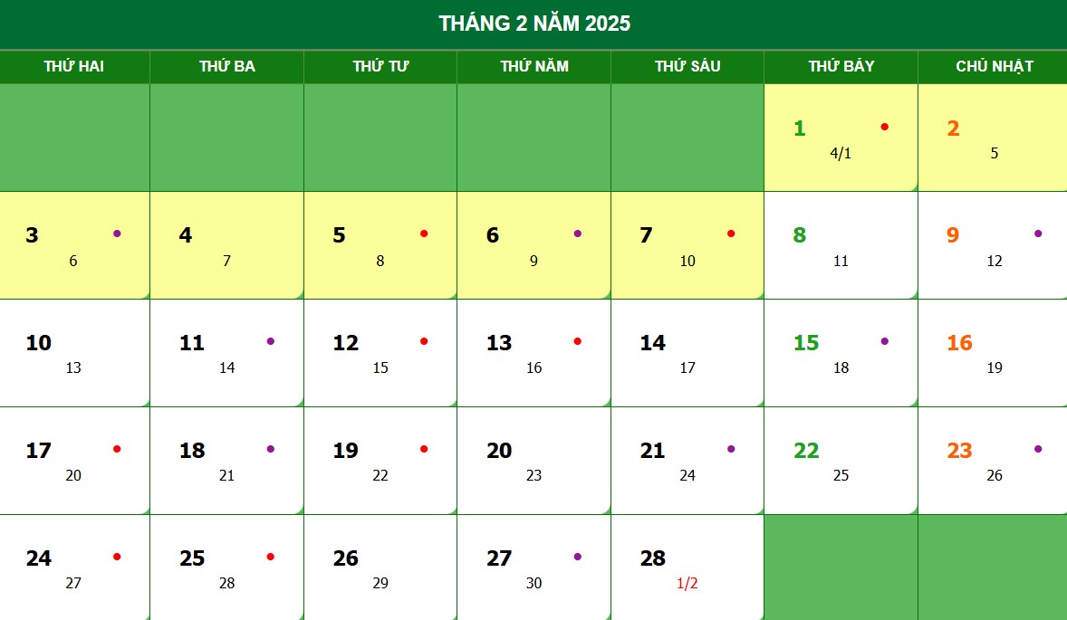 Lịch âm, lịch dương tháng 2 năm 2025