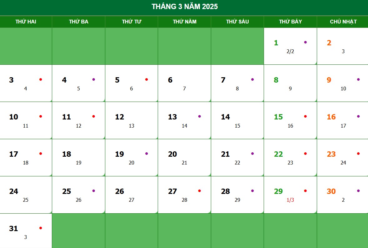 Lịch âm, lịch dương tháng 3 năm 2025