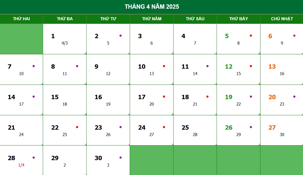 Lịch âm, lịch dương tháng 4 năm 2025