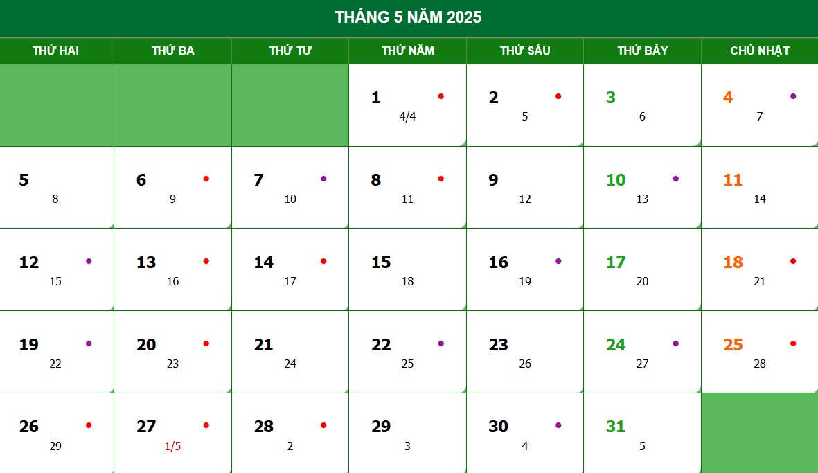 Lịch âm, lịch dương tháng 5 năm 2025