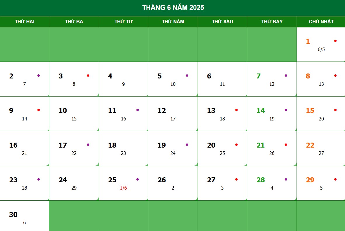 Lịch âm, lịch dương tháng 6 năm 2025