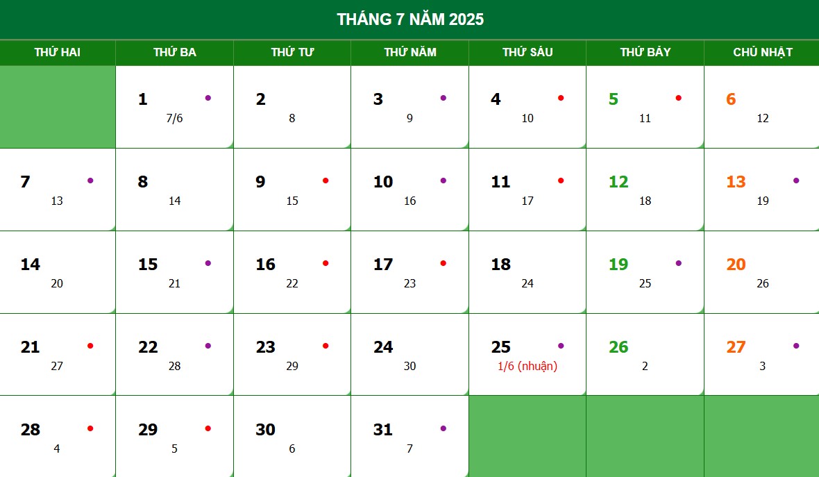 Lịch âm, lịch dương tháng 7 năm 2025