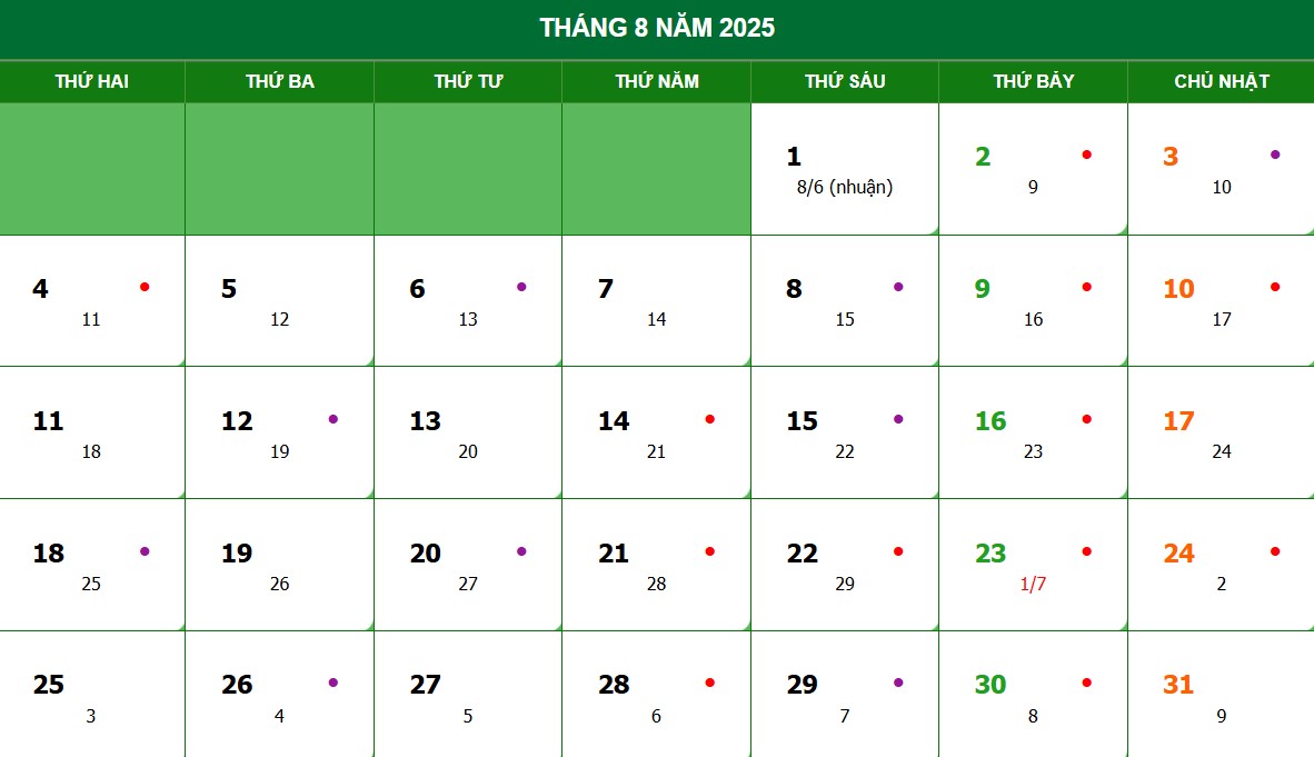 Lịch âm, lịch dương tháng 8 năm 2025