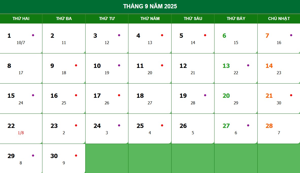 Lịch âm, lịch dương tháng 9 năm 2025